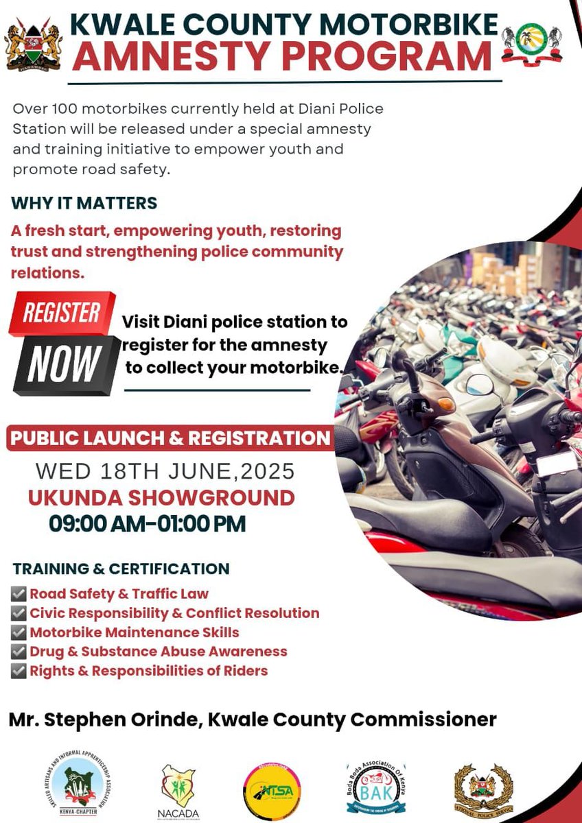 Richard Muteti OGW (@richardmuteti) on Twitter photo Proud to be part of the #BodaBodaAmnestyin Kwale County, where 100+ motorbikes are being released under a bold skills & empowerment initiative. Transforming the bodaboda sector in Kwale County into a structured, empowered,and sustainable youthdriven economic force <a href="/WilliamsMkenya/">H.E President William Ruto (Commentary)</a> Proud to be part of the #BodaBodaAmnestyin Kwale County, where 100+ motorbikes are being released under a bold skills & empowerment initiative. Transforming the bodaboda sector in Kwale County into a structured, empowered,and sustainable youthdriven economic force <a href="/WilliamsMkenya/">H.E President William Ruto (Commentary)</a>