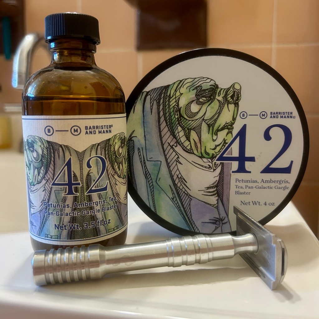 B&amp;M 42, Wolfman with a Gillette Nacet. 

I’ve had this set a long time, I clearly don’t have a preference for alcohol aftershave. 😄