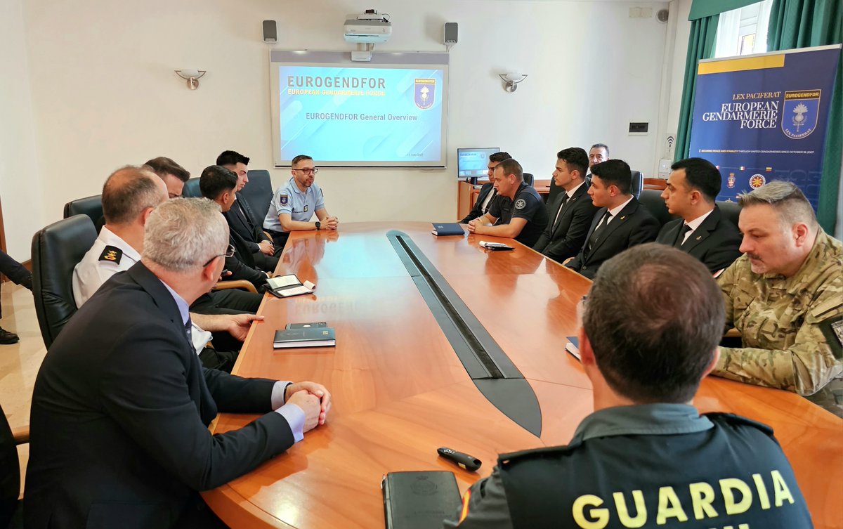 Eurogendfor's tweet image. A Turkish delegation comprised of military cadets and their professor recently paid a visit to #EUROGENDFOR. The cadets were likely given insights into the operational structure, strategic goals, and multinational cooperation efforts that define EUROGENDFOR's mission @jsgaedutr