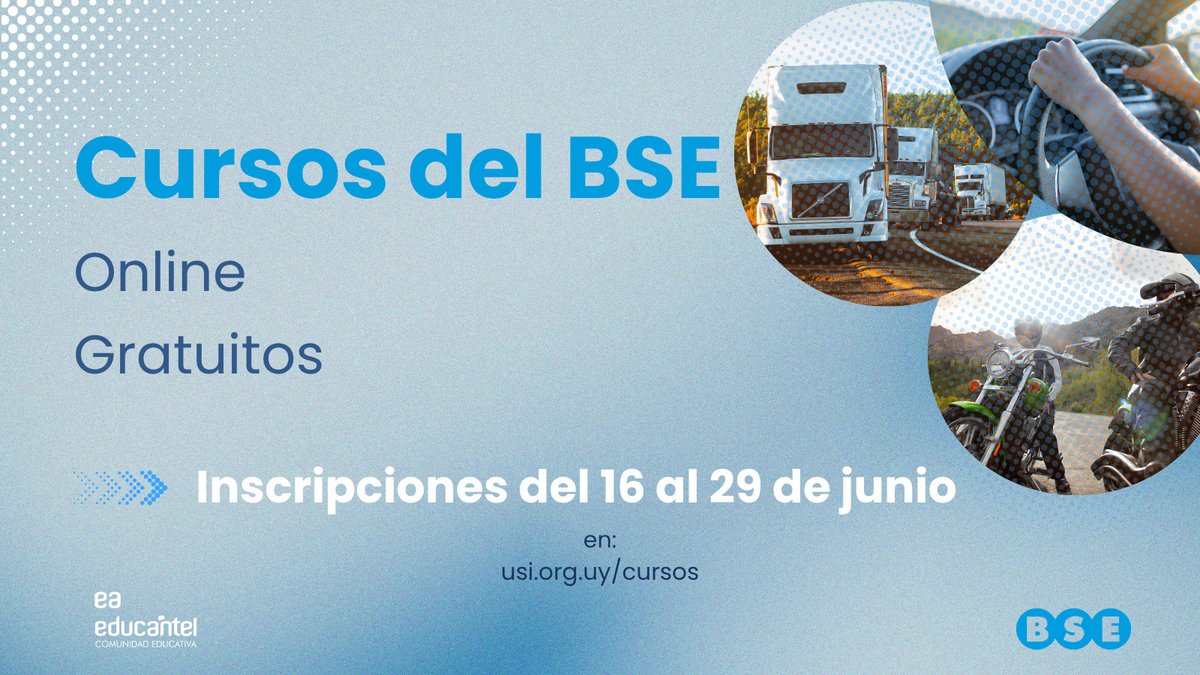 ✨Inscripciones abiertas para los cursos del BSE
🗓️Del 16 al 29 de junio en usi.org.uy 
📩Consultas en educantel@antel.com.uy
📝Inicio 7 de julio