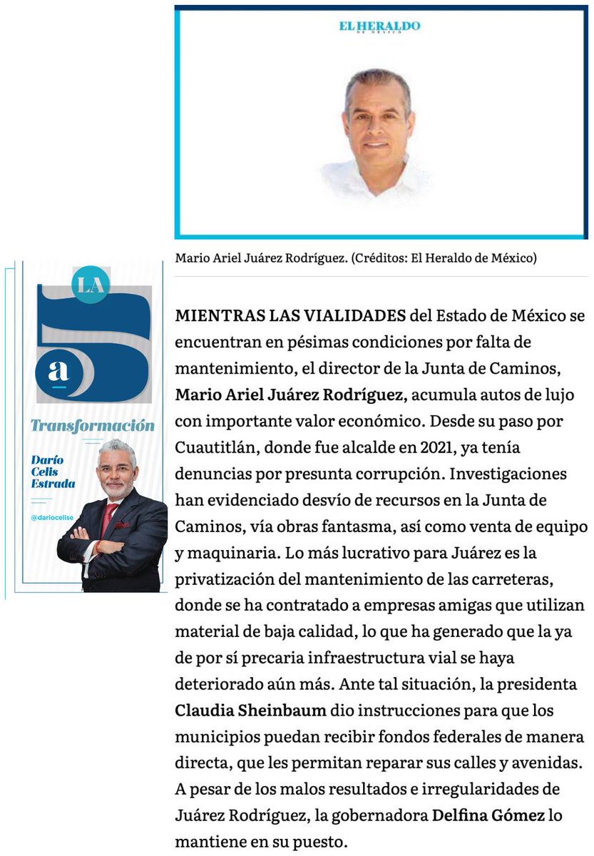 Darío Celis (@dariocelise) on Twitter photo #LaQuintaTransformación
Mientras las vialidades del Estado de México se encuentran en pésimas condiciones por falta de mantenimiento, el director de la <a href="/jcedomex/">Junta de Caminos del Estado de México</a>, <a href="/ArielJuarezMx/">Ariel Juárez</a>, acumula autos de lujo con importante valor económico.
bit.ly/3Tqb22B #LaQuintaTransformación
Mientras las vialidades del Estado de México se encuentran en pésimas condiciones por falta de mantenimiento, el director de la <a href="/jcedomex/">Junta de Caminos del Estado de México</a>, <a href="/ArielJuarezMx/">Ariel Juárez</a>, acumula autos de lujo con importante valor económico.
bit.ly/3Tqb22B