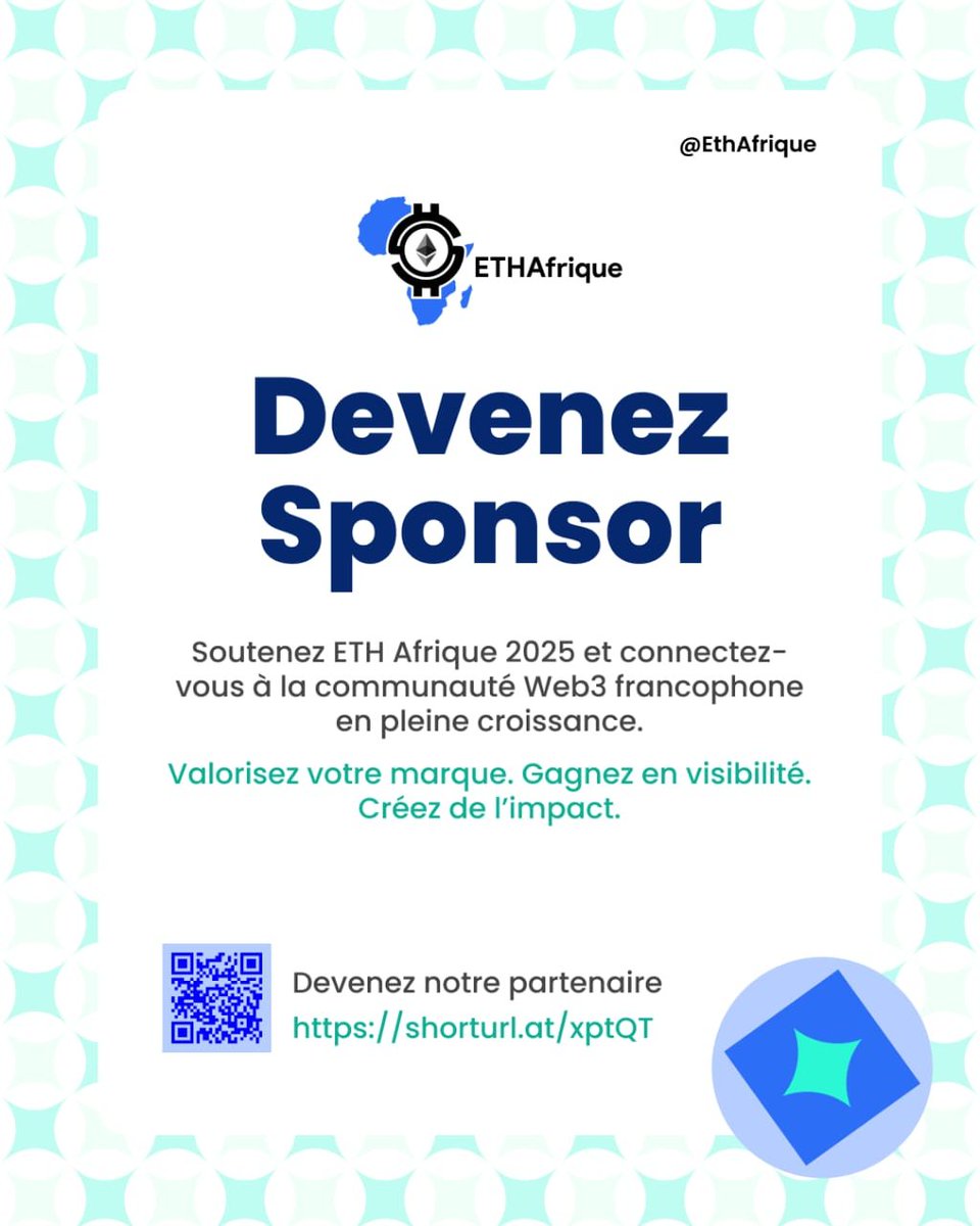 EthAfrique's tweet image. Appel à Sponsors – ETHAfrique 1.0

Rejoignez l’initiative Web3 majeure en Afrique francophone !

🔹 Gagnez en visibilité
🔹 Soutenez l’innovation blockchain
🔹 Connectez avec talents &amp;amp; décideurs
📥 Devenez sponsor : bit.ly/4e8g65p
🫡Deck :  bit.ly/4l7LSBG