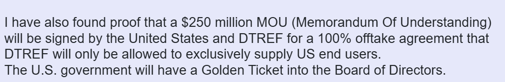$DTREF possible $250M MOU offtake agreement coming with US government.  very interesting....