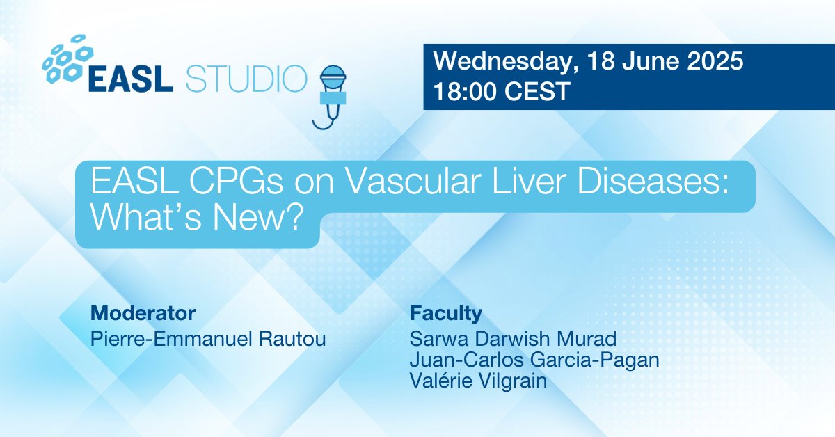 EASLnews (@easlnews) on Twitter photo This Wednesday, don't miss the final episode of #EASLStudio season 8!
Faculty <a href="/RautouE/">Rautou Pierre-Emmanuel</a>, Sarwa Darwish Murad, Juan-Carlos Garcia-Pagan and Valérie Vilgrain are looking forward to an interesting discussion around the recently published EASL CPGs on vascular liver diseases.
🔗 This Wednesday, don't miss the final episode of #EASLStudio season 8!
Faculty <a href="/RautouE/">Rautou Pierre-Emmanuel</a>, Sarwa Darwish Murad, Juan-Carlos Garcia-Pagan and Valérie Vilgrain are looking forward to an interesting discussion around the recently published EASL CPGs on vascular liver diseases.
🔗