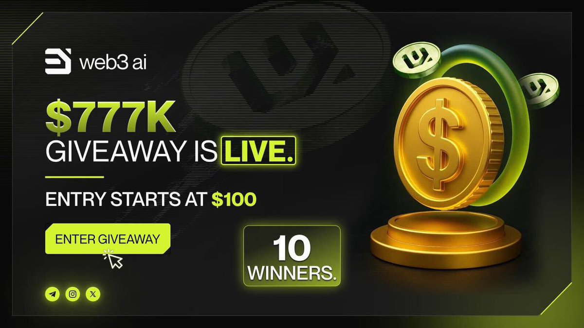 🚀 Web3 AI Launches $777K Giveaway! 🎉

We're thrilled to announce our first ever giveaway! 💰 🔥

🎁 Total Prize Pool: $777,000
🏆 Winners: 10 lucky participants
💵 Minimum Entry: $100

🔗:Enter Now: web3ai.com/giveaway

Don't miss your chance to be part of this MONUMENTAL