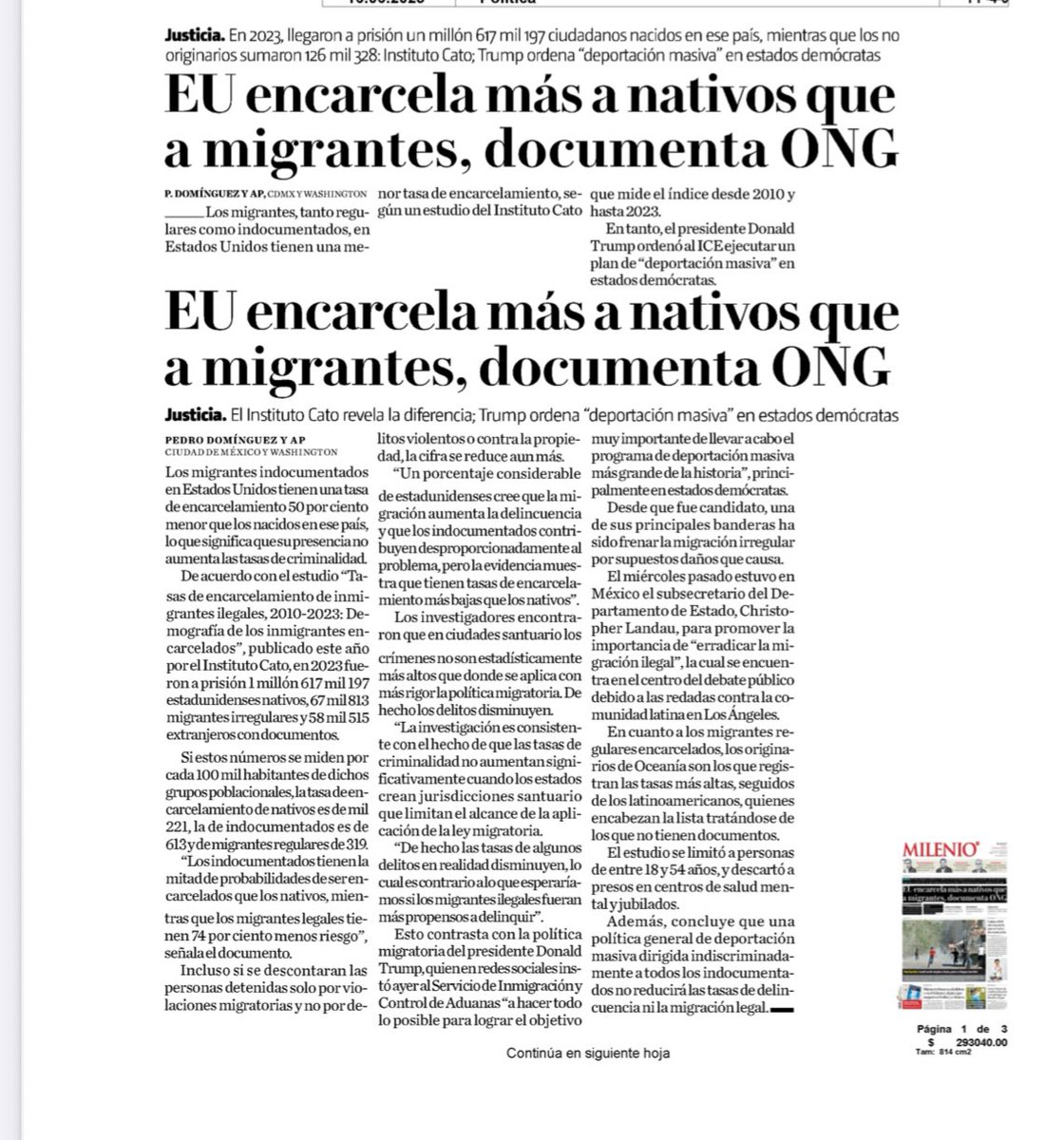 Los migrantes indocumentados en
Estados Unidos tienen una tasa de
encarcelamiento 50 por ciento menor
que los nacidos en ese país, lo que
significa que su presencia no aumenta las tasas de criminalidad. La tasa de
encarcelamiento de nativos es de 
1,221, la de indocumentados es