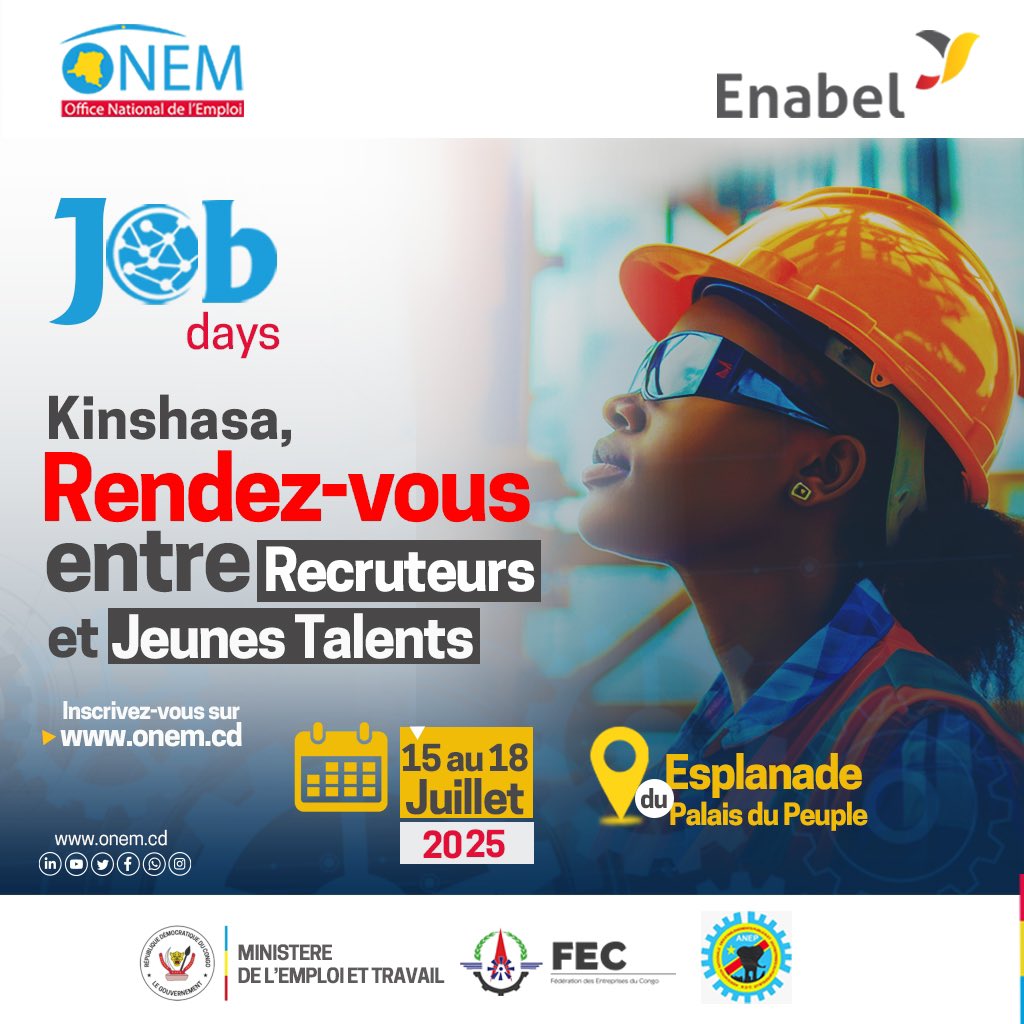 onem_cd's tweet photo. Ăa y est !
#JOBDAYS arrive enfin Ă Kinshasa !
Un cadre riche en opportunitĂ©s, propice aux Ă©changes entre demandeurs dâemploi et employeurs.
đ Esplanade du Palais du Peuple
đ
Du 15 au 18 juillet 2025
Pour y participer, inscris-toi dĂšs maintenant sur https://t.co/syP6VERm5J https://t.co/Tkr7YssrNB