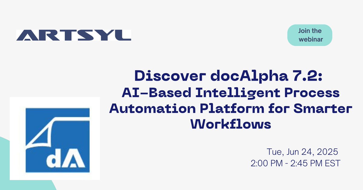 ArtsylTech's tweet image. Don’t miss our upcoming webinar! Discover how docAlpha 7.2 — Artsyl’s AI-powered Intelligent Process Automation platform — transforms document workflows with smarter AI, ERP integration &amp;amp; cloud tools.
🔗 Register: register.gotowebinar.com/register/41311… 

#docAlpha #AI #Artsyl #ERPIntegration