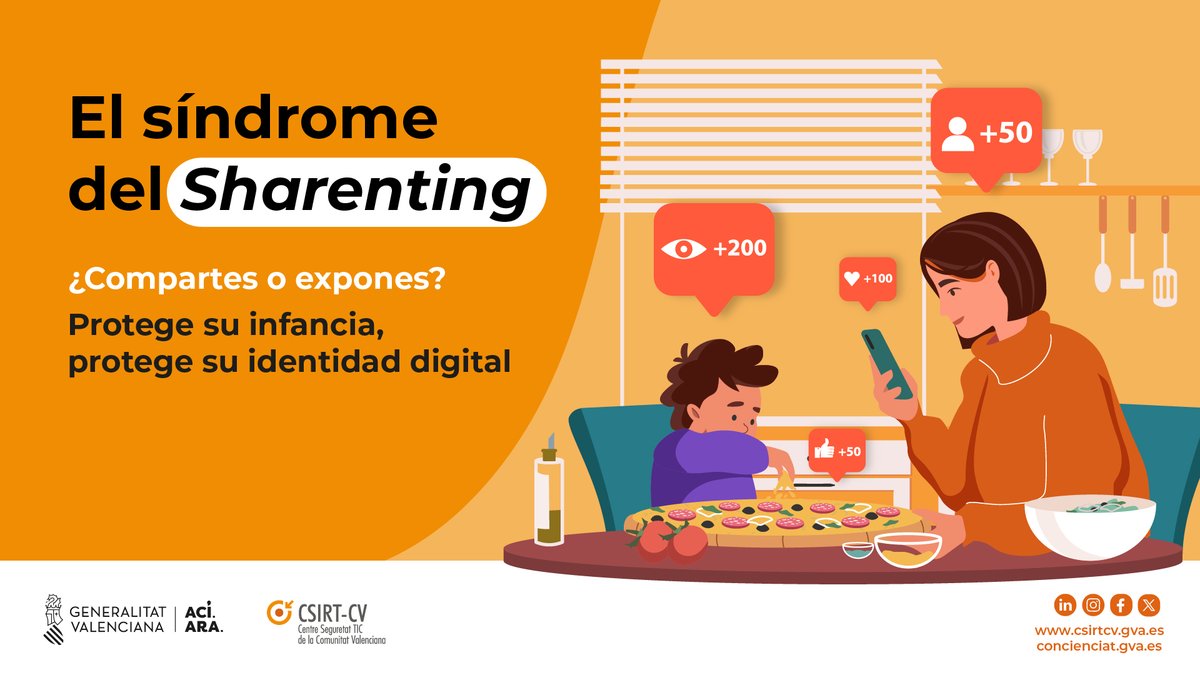 🔛 La <a href="/generalitat/">Generalitat</a> lanza una campaña para concienciar a padres y madres sobre el riesgo de compartir imágenes📸 e información de menores🧒 en Internet🌐

✅ difundirá recomendaciones durante 15 días en los canales oficiales de <a href="/CSIRTCV/">CSIRT-CV</a> 

📋breu.gva.es/b/UA6