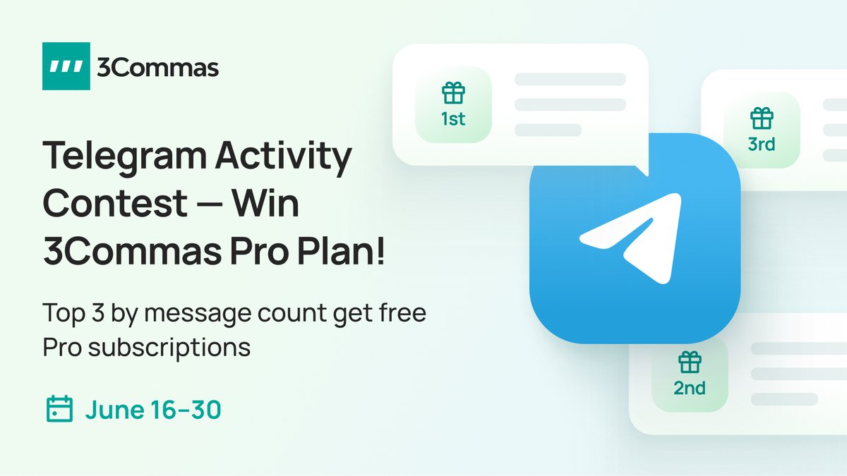 💬 Telegram Contest is ON!

Chat with the #3Commas #community &amp; win a #free Pro subscription

📅 June 16–30

🥇 3 months Pro
🥈 2 months
🥉 1 month

🔥 Activity counted ONLY in Telegram: t.me/Community_3Com…

#3Commas #DCABots #AlgoTrading #Contest