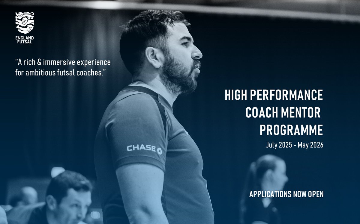 EnglandFutsal's tweet photo. HIGH PERFORMANCE COACH MENTOR PROGRAMME 2025/26 📕🧠

Applications are now open for the next edition of our coach mentoring programme, furthering the development of up to 12 ambitious futsal coaches who aspire to reach the highest level.

FIND OUT MORE 👉 https://t.co/ugzn6TehfE https://t.co/yNLk71W1fL