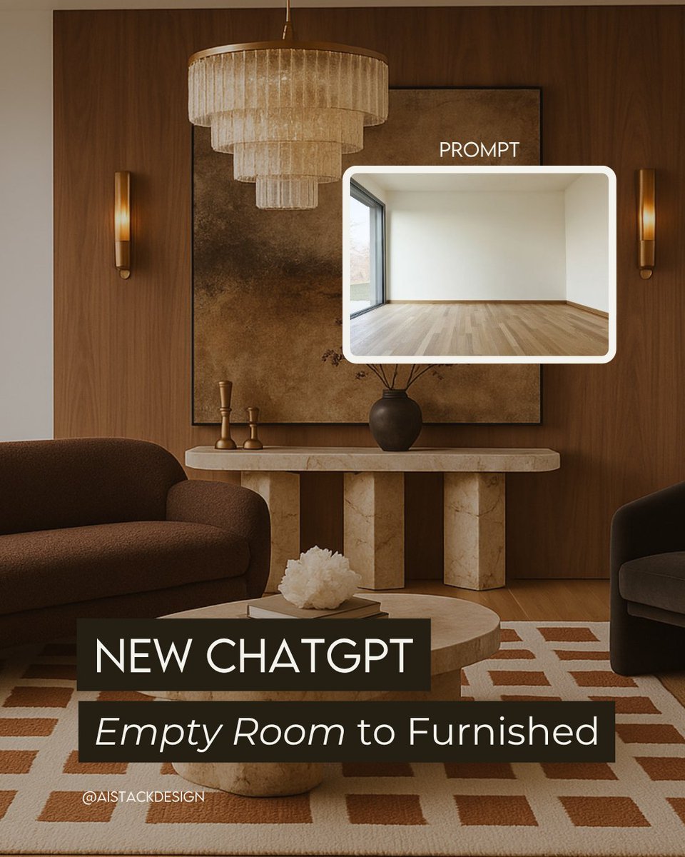aistackdesign's tweet photo. An empty room, a single prompt — and in seconds, ChatGPT turned it into a fully furnished, styled interior.

This kind of speed and accuracy is making concept development faster than ever.

If you’re curious how AI is reshaping the design process, we’re sharing more soon! https://t.co/fBYTM0Zun3