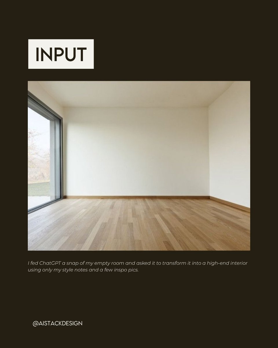aistackdesign's tweet photo. An empty room, a single prompt — and in seconds, ChatGPT turned it into a fully furnished, styled interior.

This kind of speed and accuracy is making concept development faster than ever.

If you’re curious how AI is reshaping the design process, we’re sharing more soon! https://t.co/fBYTM0Zun3