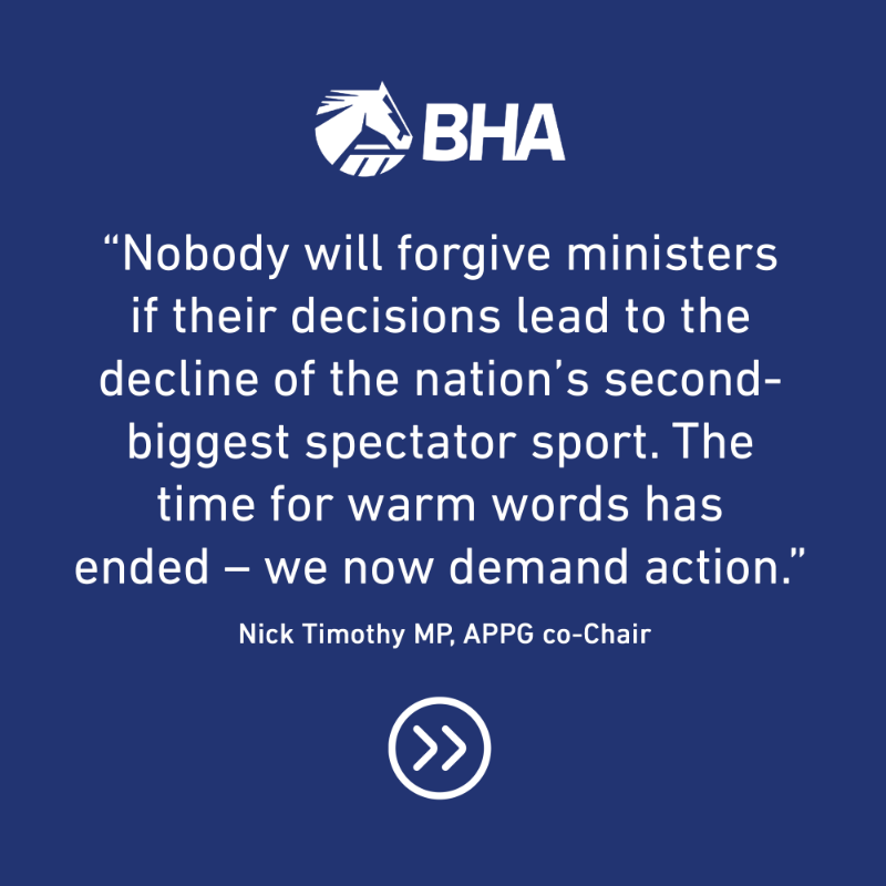 BHAHorseracing's tweet photo. The Racing and Bloodstock All Party Parliamentary Group (APPG) has today published a new report on the state of British Racing calling for the Government to act urgently to protect the sport. 

Our message is clear. Click to read ⤵

#BackBritishRacing
