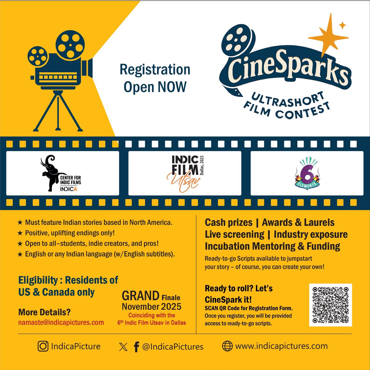 🎬 CineSparks Ultrashort Film Contest 2025 🎬
3–7 minute films. 7 genres. And a shot at fame!

Make it live-action. Keep it positive. Keep it Indian! And send it in before Aug 31, 2025. 

🗓 Registration OPEN!
🎞 Grand Finale - Nov 2025, Dallas TX
🎥 Language: Any Indian language