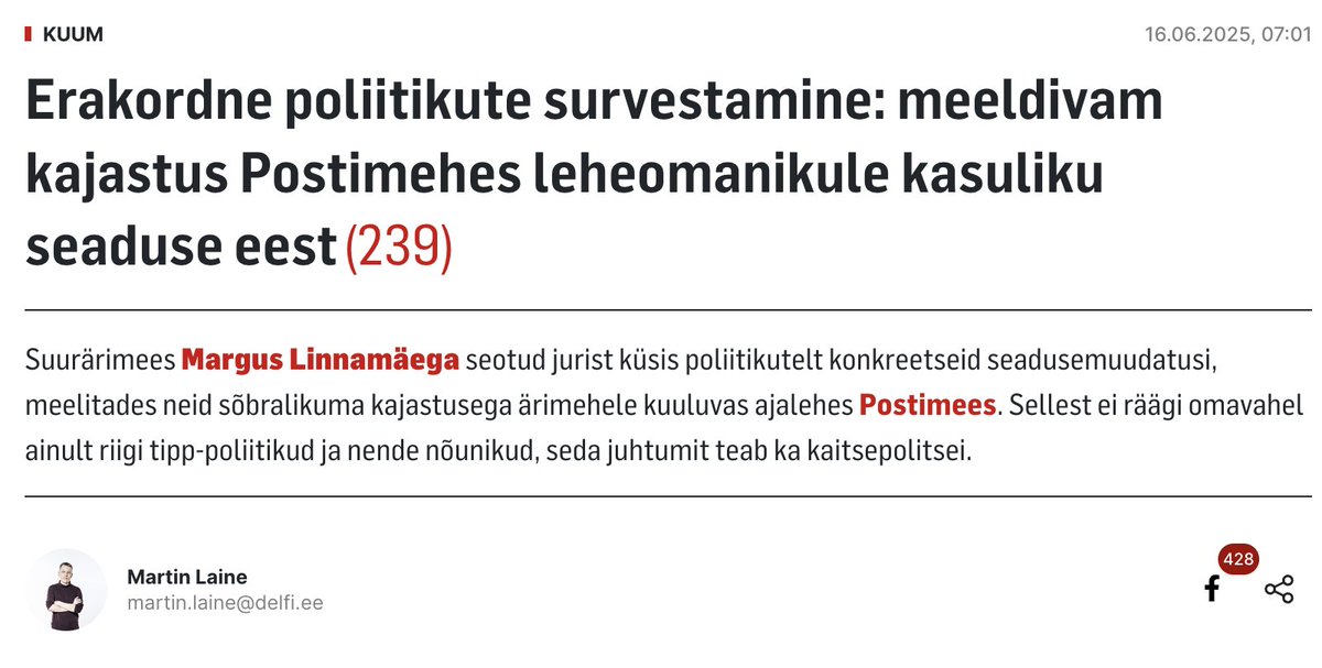 dufftie's tweet photo. Täna avaldas Eesti Ekspress artikli, milles väidetakse, et Postimees on tugevalt kallutatud omaniku Margus Linnamäe meelsemate erakondade kasuks.

Minu sõltumatu organisatsioon – Läbipaistvus –, mis analüüsib Eesti meediat, saab seda tulemust kinnitada: https://t.co/vbqzlpM5tl