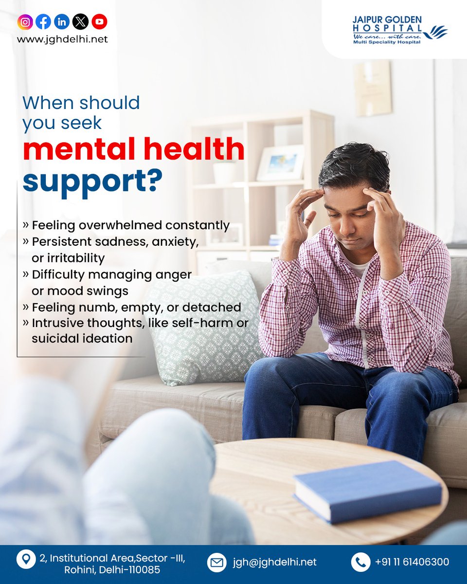 Your mental health matters—don’t ignore the signs.

If you're feeling persistently low, overwhelmed, or emotionally drained, seeking professional support is a sign of strength, not weakness. 🧠

At Jaipur Golden Hospital, compassionate care is just a call away.

Reach out.