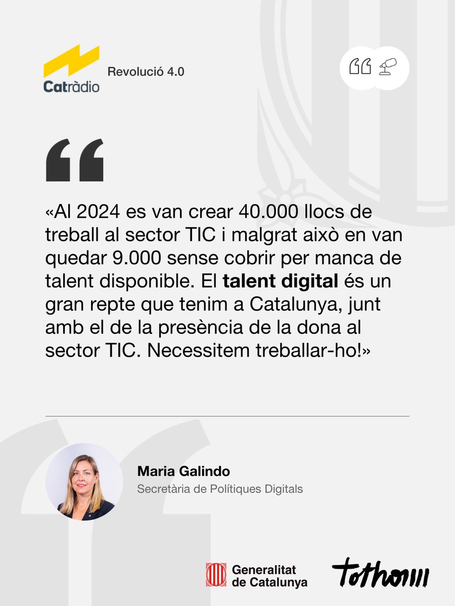 TIC Catalunya (@tic) on Twitter photo 🎙️ La secretària de Polítiques Digitals, <a href="/mariagalindogd/">Maria Galindo Garcia-Delgado</a>, ha participat al programa <a href="/Revolucio4/">REVOLUCIÓ 4.0</a> de <a href="/CatalunyaRadio/">Catalunya Ràdio</a>, on ha parlat sobre el Pacte Nacional per al Talent Digital.
🤝 Compromís amb una societat digital inclusiva i competitiva.
▶️ Escolta-ho: gen.cat/4kLOdCK 🎙️ La secretària de Polítiques Digitals, <a href="/mariagalindogd/">Maria Galindo Garcia-Delgado</a>, ha participat al programa <a href="/Revolucio4/">REVOLUCIÓ 4.0</a> de <a href="/CatalunyaRadio/">Catalunya Ràdio</a>, on ha parlat sobre el Pacte Nacional per al Talent Digital.
🤝 Compromís amb una societat digital inclusiva i competitiva.
▶️ Escolta-ho: gen.cat/4kLOdCK