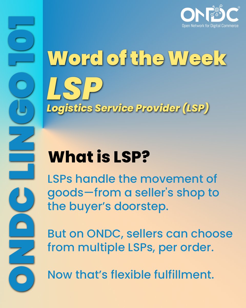 Welcome to ONDC Lingo 101!📦

This week’s word: Logistics Service Provider (LSP)
Think of LSPs as the behind-the-scenes heroes who move your order from the seller’s shelf to your doorstep.
But here’s the ONDC twist—sellers aren’t locked into one logistics partner. They can pick