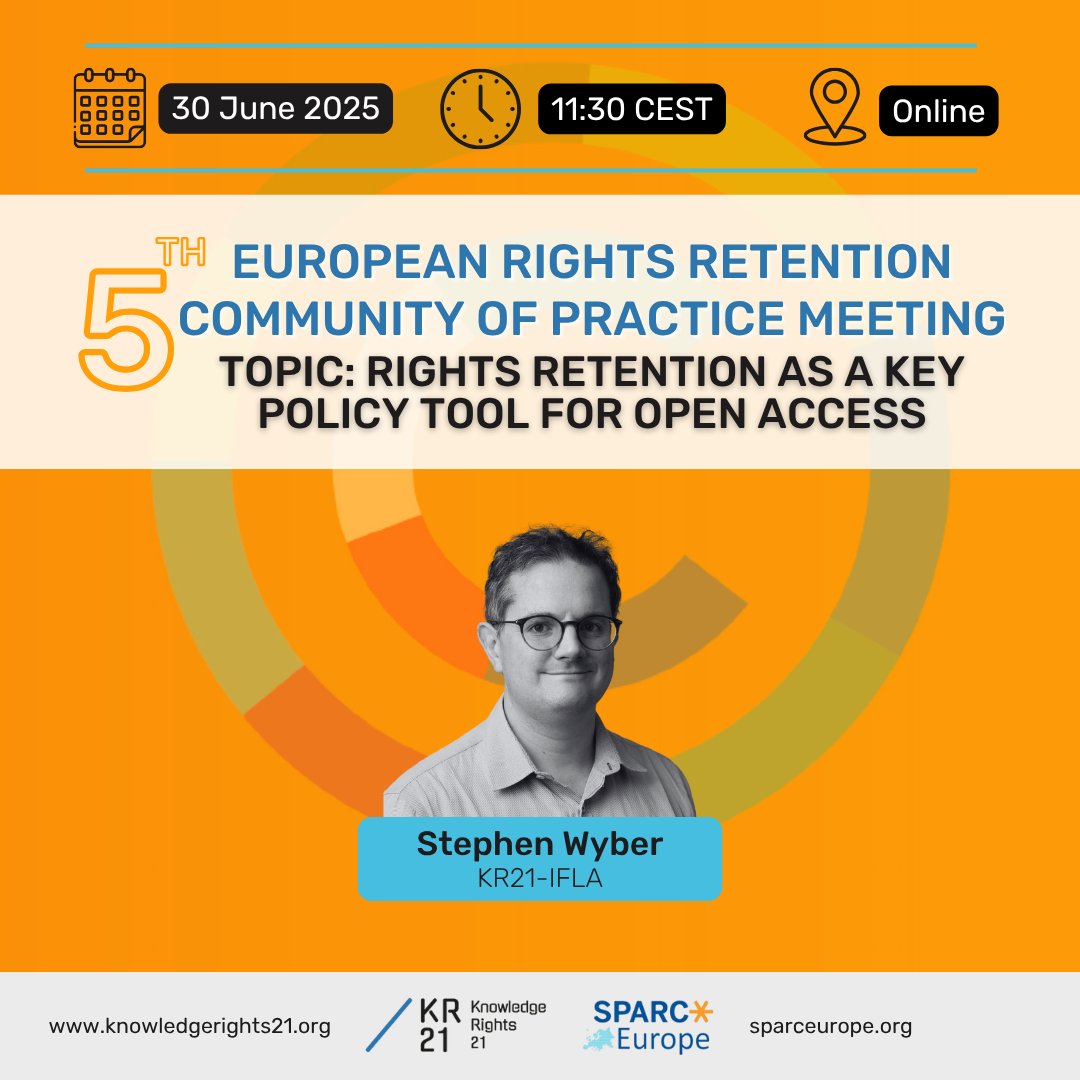 KnowledgeRights21 (@kr21org) on Twitter photo 🚨 #RetainYourRights: Only 2 weeks left before the next meet-up of the European #RightsRetention Community of Practice.
Join us on 30 June (11:30 CEST) to explore the role of rights retention in achieving #OpenAccess with KR21 project partner <a href="/SPARC_EU/">SPARC Europe</a>.
🎟️ us02web.zoom.us/meeting/regist… 🚨 #RetainYourRights: Only 2 weeks left before the next meet-up of the European #RightsRetention Community of Practice.
Join us on 30 June (11:30 CEST) to explore the role of rights retention in achieving #OpenAccess with KR21 project partner <a href="/SPARC_EU/">SPARC Europe</a>.
🎟️ us02web.zoom.us/meeting/regist…
