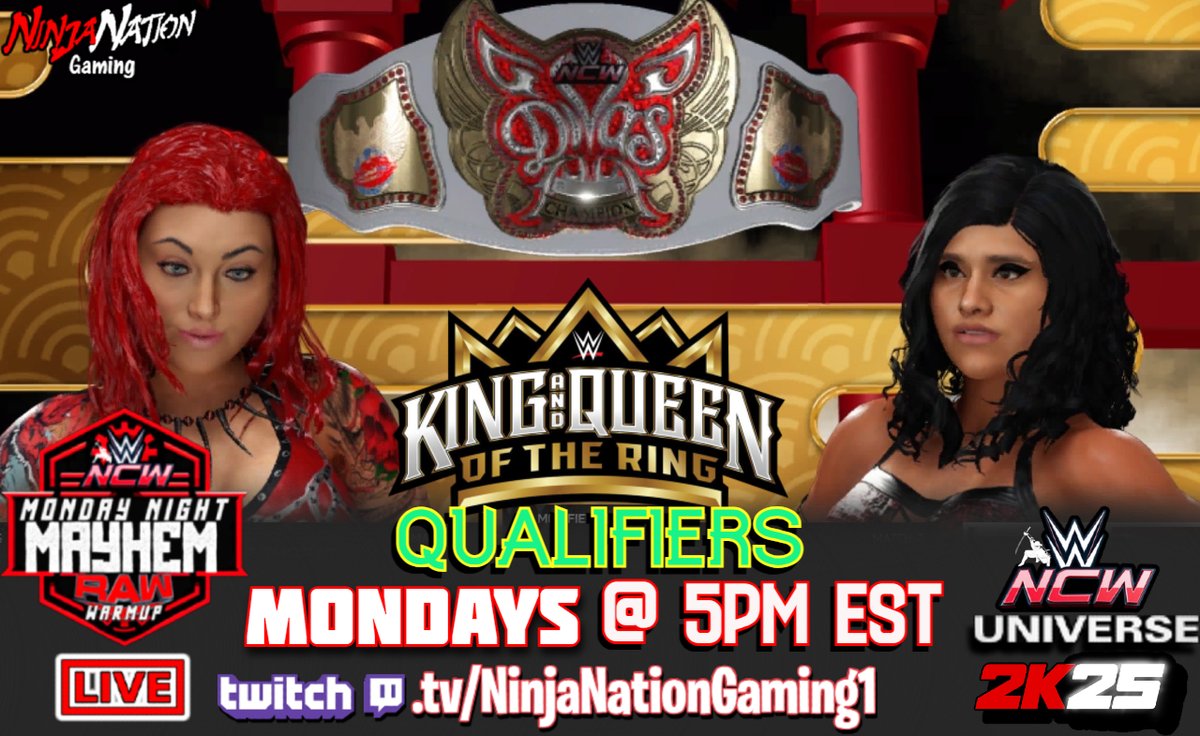 ITS TIME FOR "MONDAY NIGHT MAYHEM" !
KING &amp; QUEEN OF THE RING QUALIFIERS
+ ROB GETS HIS REMATCH !
DIVAS CHAMPIONSHIP ON THE LINE ! 
LETS SEE WHAT HAPPENS NEXT 
Come vibe &amp; join in the fun LIVE
🔴👉twitch.tv/ninjanationgam…