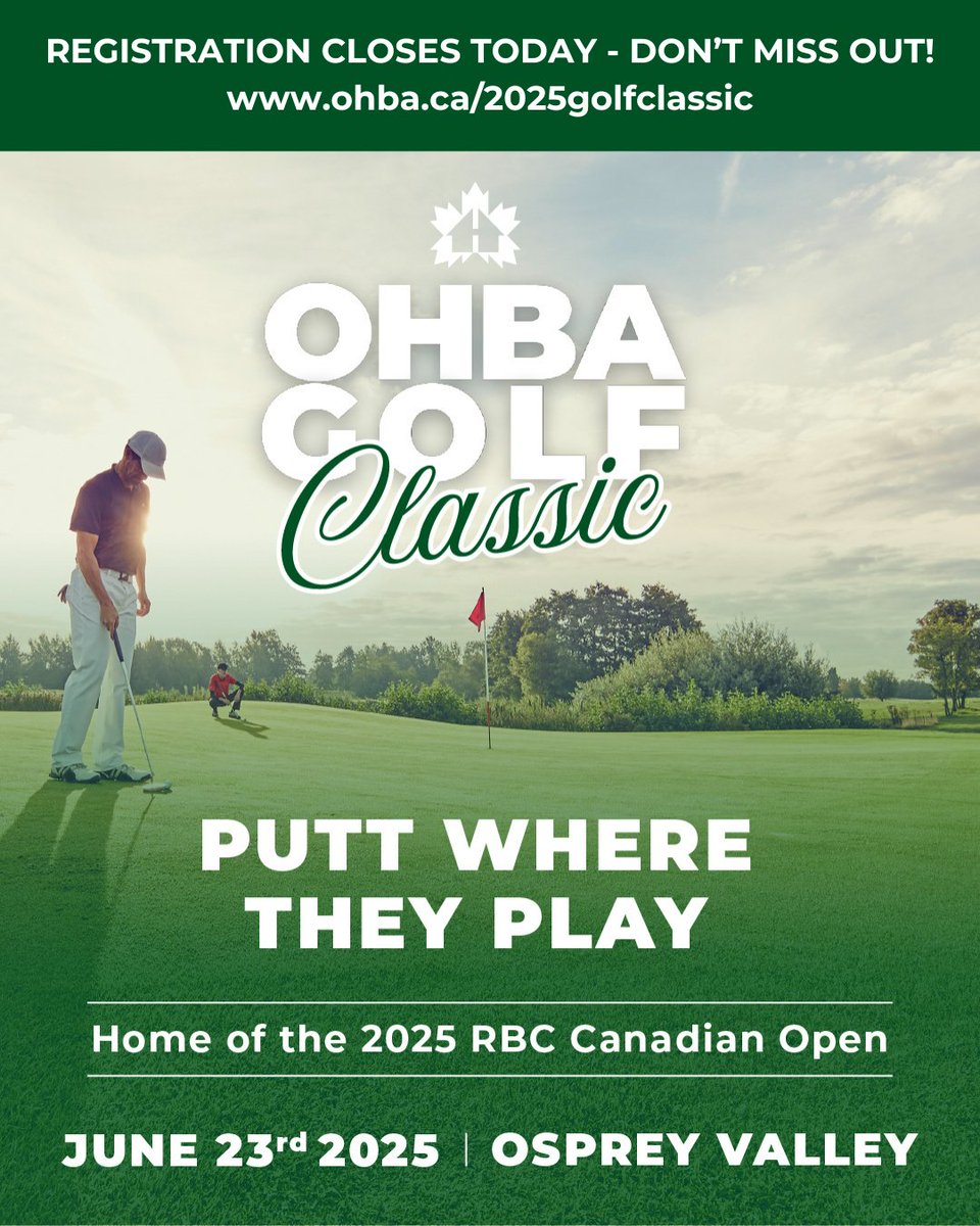 🏌️‍♂️⏳ Final Call! Registration for the OHBA Golf Classic closes today — and there are only a few spots left! 

We’re just one week away from teeing off at Osprey Valley, home of the 2025 RBC Canadian Open. Don’t miss your chance to putt where they play!

➡️ Register now: