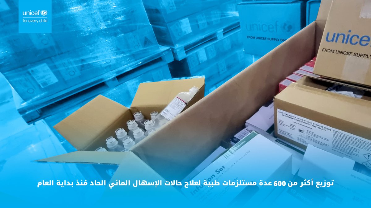 نظراً لانتشار الإسهال المائي الحاد منذ العام الماضي والزيادة الأخيرة في الحالات في اليمن، وزعت اليونيسف 603 عدة مستلزمات طبية لعلاج الإسهال المائي الحاد منذ يناير على المرافق الصحية (321 عدة مستلزمات طبية في الربع الأول من عام 2025  و282 عدة في يونيو).