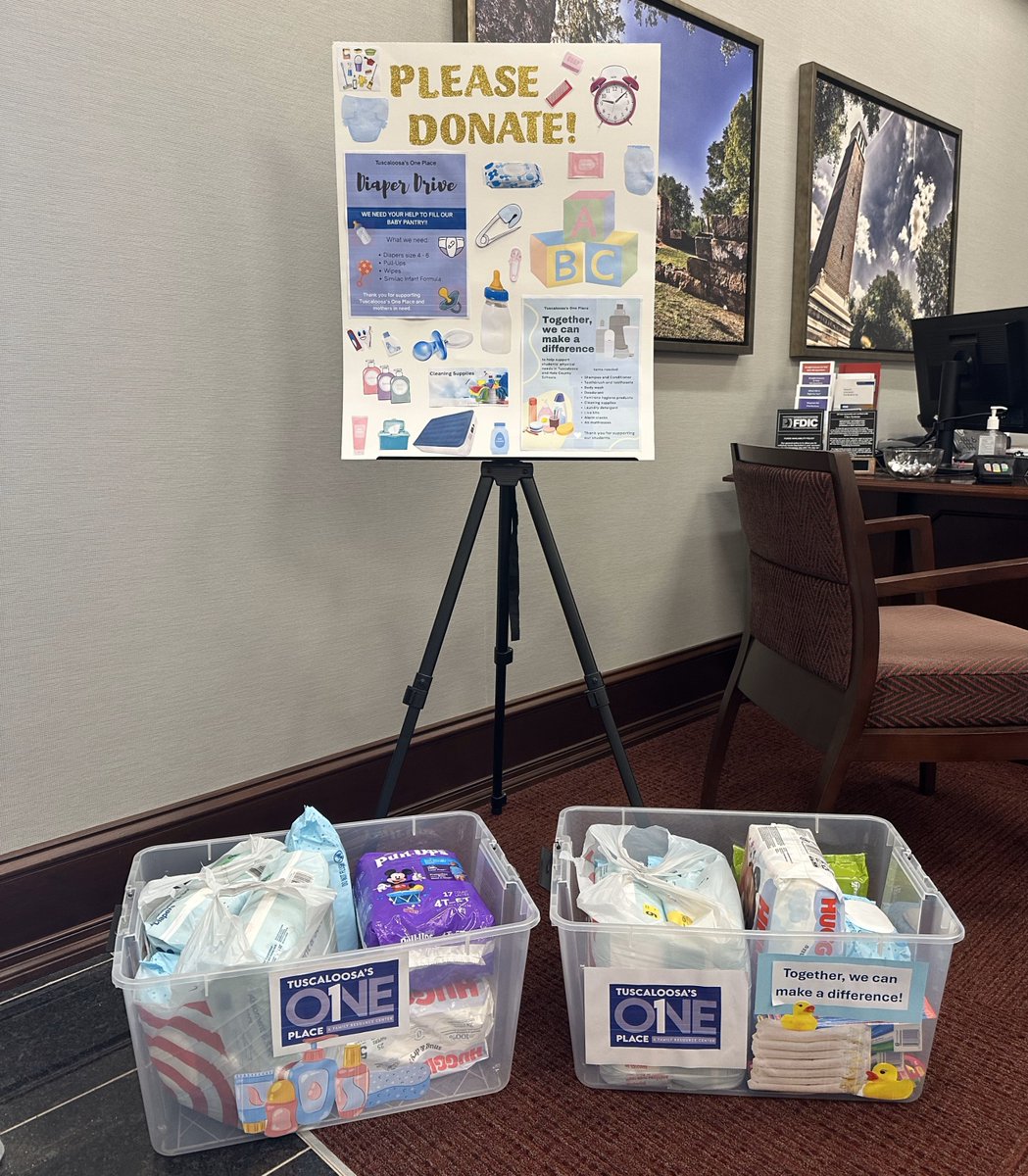 Our Bryant Bankers are collecting diapers and school supplies all month long at our Tuscaloosa branches to support families through Tuscaloosa's One Place! Every donation helps a local family in need.