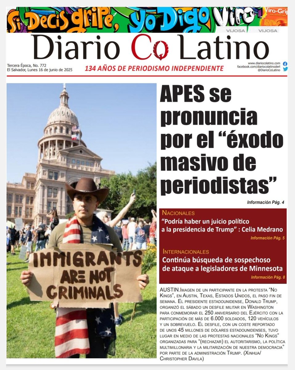 #DiarioCoLatino | APES se pronuncia por el "éxodo masivo de periodistas"

¡Buenos días!, compartimos nuestra portada de hoy, 16 de junio de 2025. 

Visita nuestra versión epaper o nuestra página web: diariocolatino.com