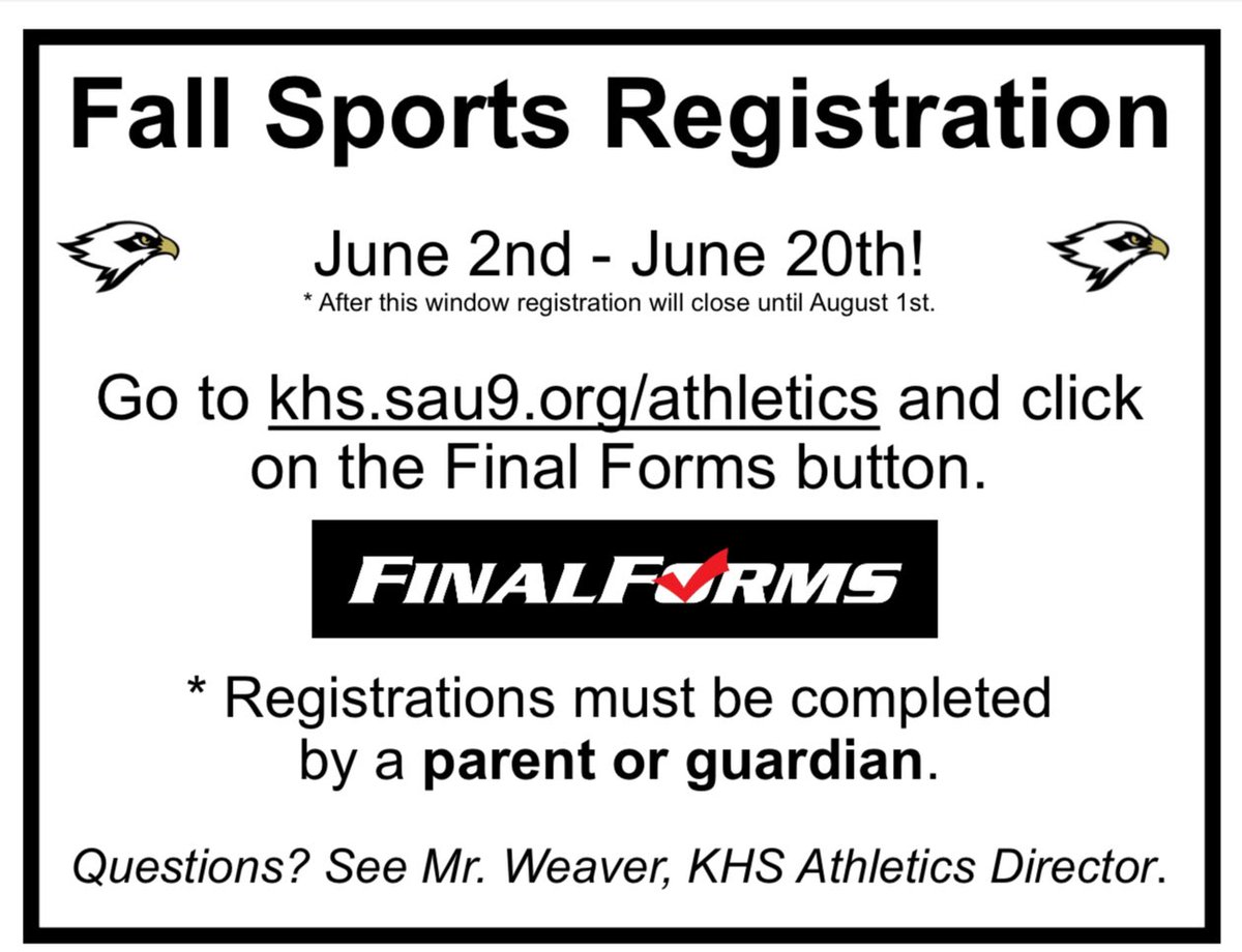 <a href="/KennettAthletic/">Kennett Athletics</a> fall sport registration on Final Forms is open through the end of this week and will then close until August. Get yours in so you’re all set for preseason practices starting August 18th!
