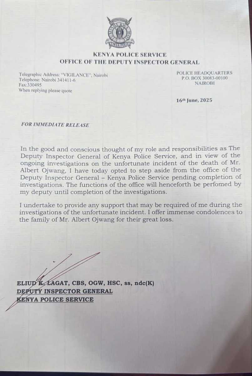 BREAKING NEWS: Deputy Inspector General of Police Eliud Lagat has stepped aside to allow investigations on the murder of Albert Ojwang to proceed without interference. Ojwang's family will absolutely get justice.