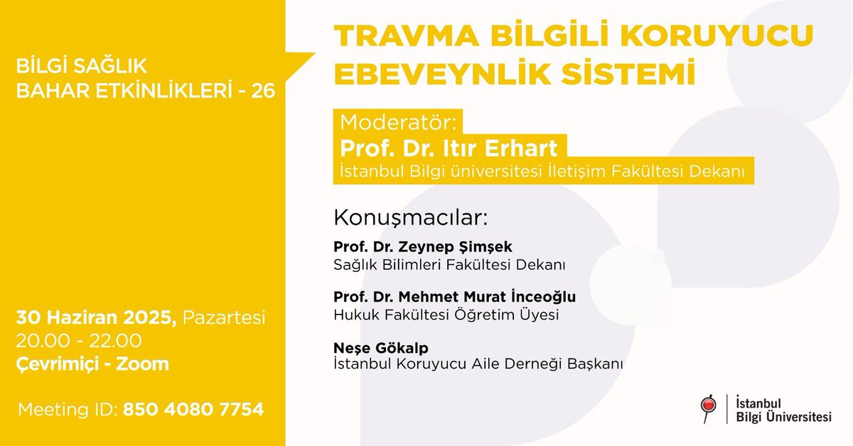 Fakülte dekanımız Prof. Dr. Itır Erhart'ın moderatörlüğünü yapacağı İstanbul Koruyucu Aile Derneği ile birlikte 30 Haziran'da gerçekleştirilecek Travma Bilgili Koruyucu Ebeveynlik Sistemi etkinliğimize bekliyoruz.