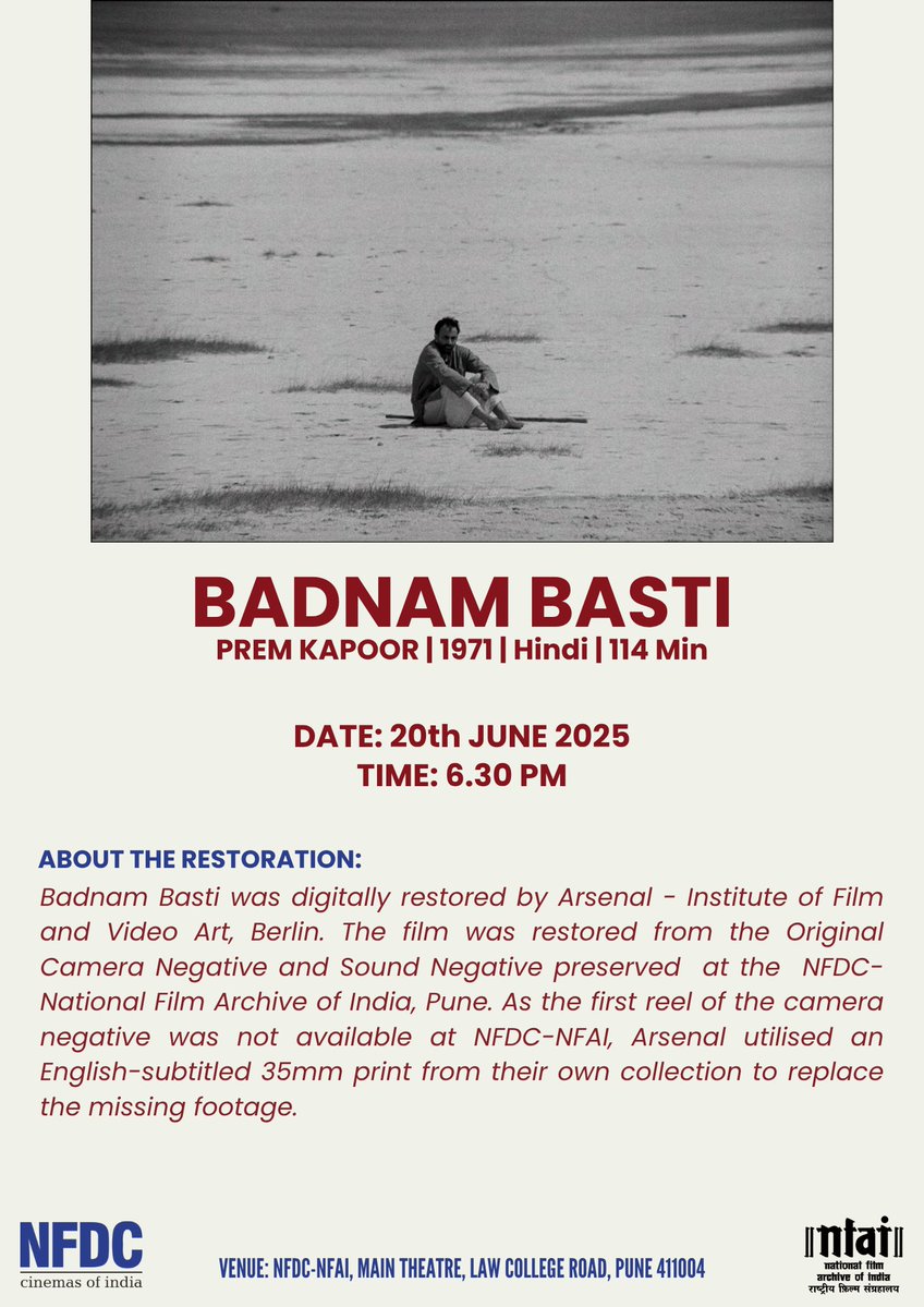 Join us at NFDC-National Film Archive of India for a screening of Badnam Basti (1971) directed by Prem Kapoor. 

Date: 20th June 2025
Time: 6.30 pm 
Venue: NFDC-National Film Archive of India, Pune 

#BadnamBasti #PremKapoor