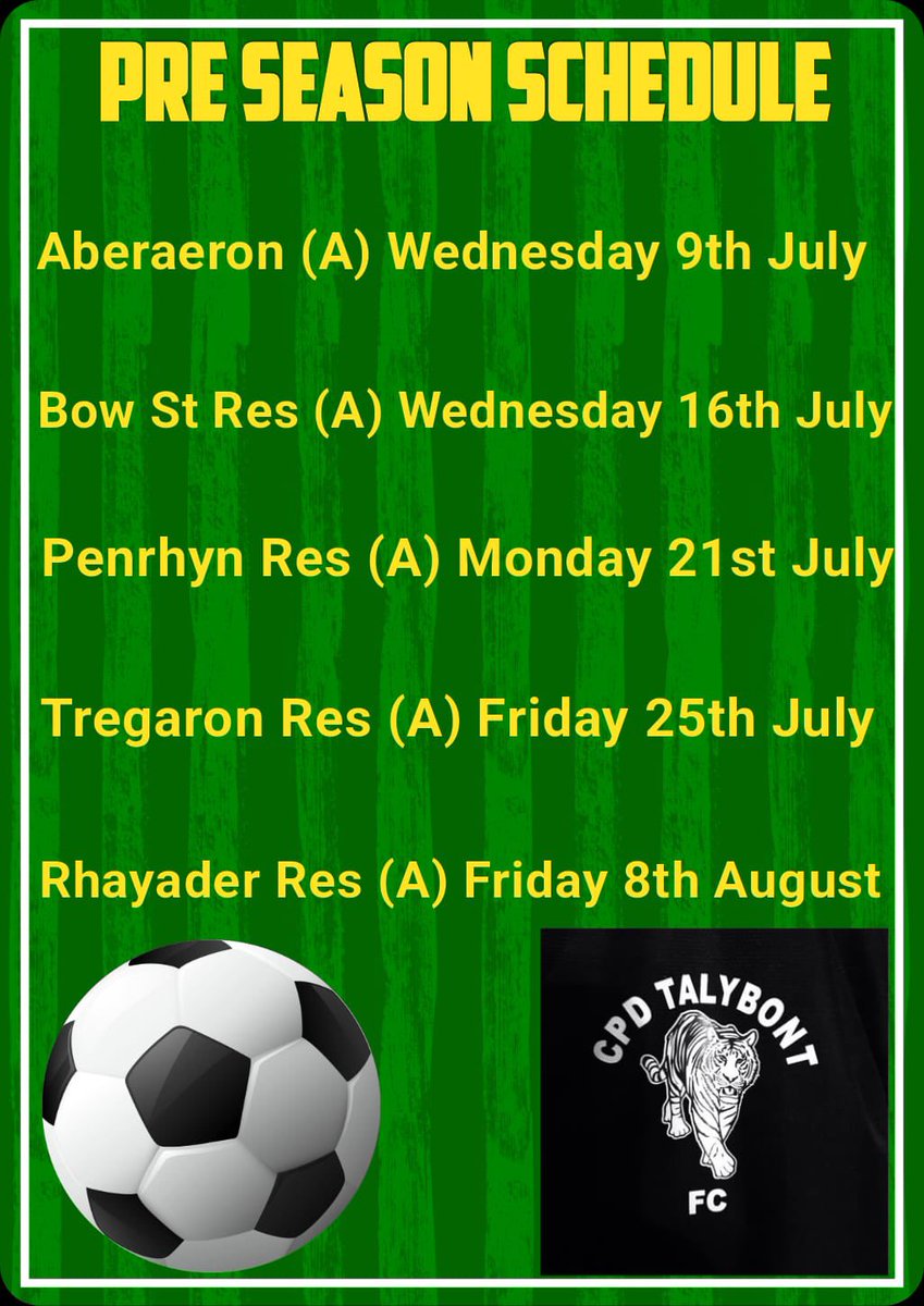 cpdtalybontfc2's tweet photo. We start pre-season on Tue 1st July on the Uni Astro. 630pm-8pm.
New and old players are all welcome. 

Then 5 pre season friendlies booked in: 
@AberaeronFC @BowStreetFC 
@PenrhyncochFC @tregaronturfs 
@RhayaderTownFC https://t.co/G3Ui5mDJqx