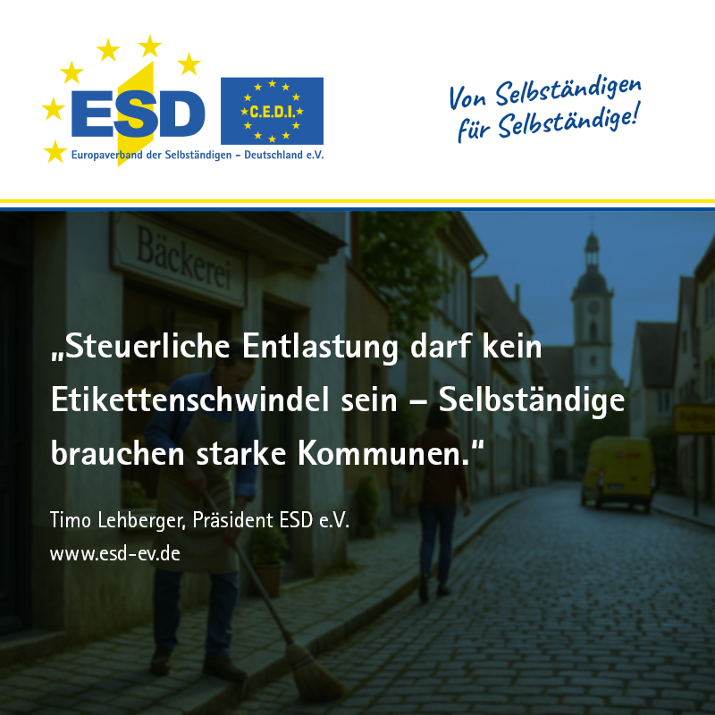 Selbständige brauchen starke Kommunen.
Steuerliche Entlastung darf nicht zu Kürzungen vor Ort führen. Der #ESDeV fordert eine faire Lastenteilung.
🔗 bit.ly/3HK2Nfl

#Selbständige #KMU #Kommunen #Steuerpolitik