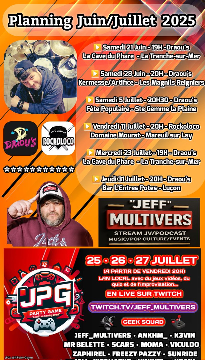 Jeff_Multivers's tweet photo. Salut le Multivers ! 💫💥 Pour les locaux voilà ma prog concert pour Juin/Juillet. Et pour le #stream, n'oubliez pas le gros #Event la "JPG" du 25 au 27 Juillet sur ma chaîne #Twitch 🟣-> https://t.co/sJnqWUsKdl #live #concert #Vendee #jeffmultivers #rock #gaming #jeuxvideo #lan https://t.co/ec8bnBeJSJ