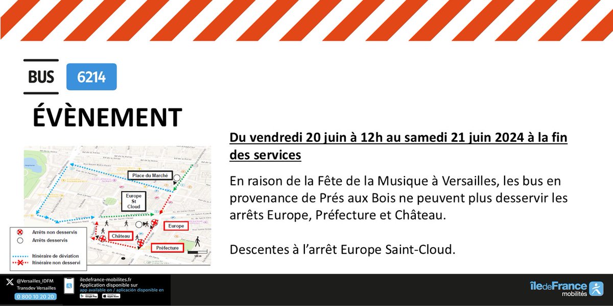 📢🚍 #InfoTrafic #FêtedelaMusique Ligne 6214
🗓️ Vendredi 20-6 à 12h au samedi 21-6 fin du service
Fête de la Musique à Versailles
❌ En provenance de Europe, Préfecture et Château non desservis
✅ Descente à l'arrêt Europe Saint-Cloud
✅ Pas de perturbation vers Prés aux Bois