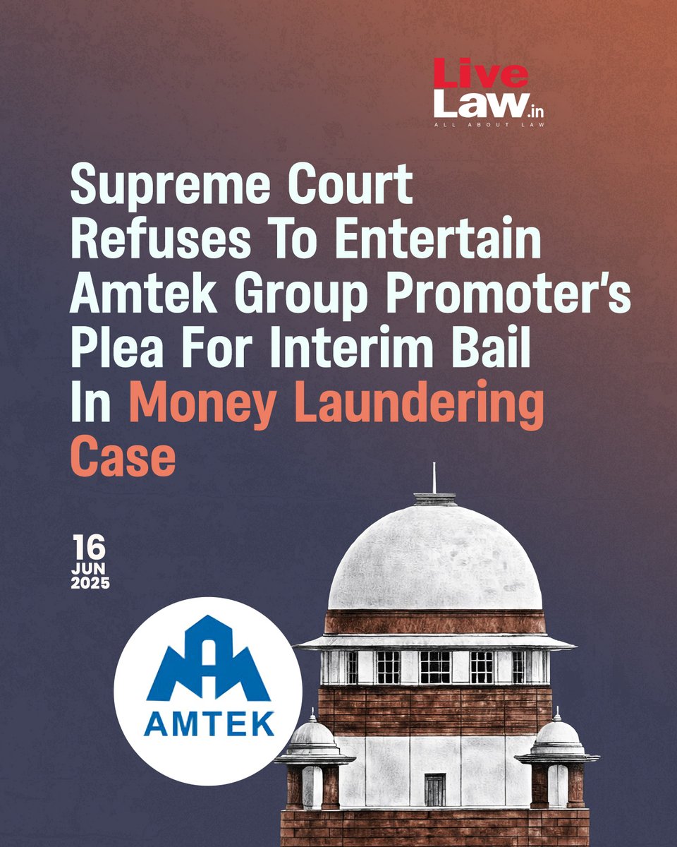LiveLawIndia's tweet photo. The Supreme Court today(June 16) refused to entertain the plea of Amtek Group promoter Arvind Dham, seeking interim relief in a money laundering case against him.
Read more: https://t.co/AH0WPpGSam
#SupremeCourt #Amtek https://t.co/KVZE2Ujky0