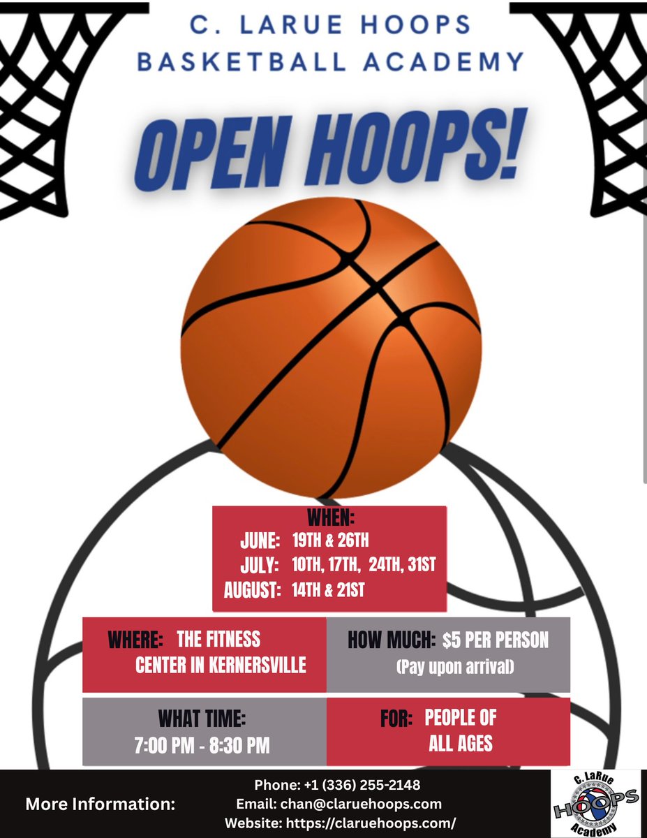 ChanLaRue's tweet photo. C. LaRue Hoops - Program Alert:
Open Hoops
6/19/25 - 8/21/25 (Off 7/3/25 &amp; 8/7/25)
Day: Thursdays, Time: 7-8:30, Cost: $5 per night / $40 8 weeks
All Ages Boys &amp; Girls
15-30 minutes of Skills, 1 hour of gameplay
#basketball #basketballtraining #basketballskills #basketballclinic https://t.co/94E6PYYGIw