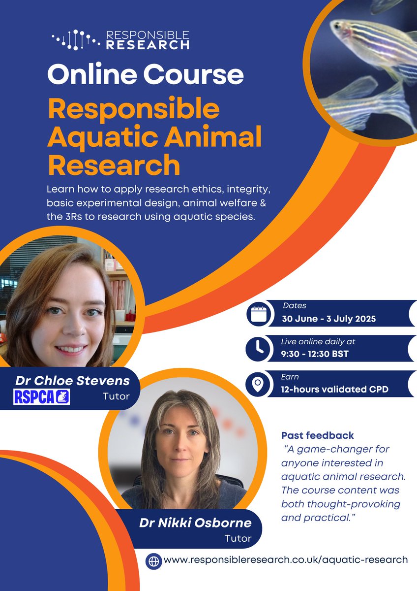 Last few spaces left!
Responsible Aquatic Animal Research (RAqAR) course on 30 Jun-3 Jul | earn 12 CPD hrs
👉 responsibleresearch.co.uk/event-details/…
#3Rs #RAqAR #CPD #AnimalWelfare