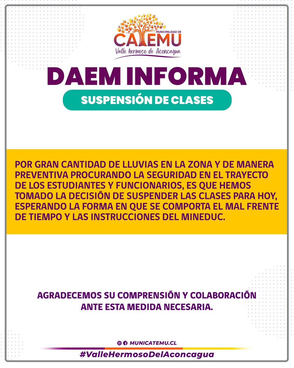 #CATEMU Se informa que las clases en los establecimientos educacionales municipales de la comuna de Catemu se encuentran suspendidas.