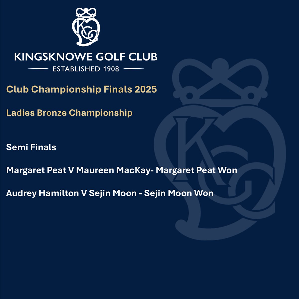 Championship Finals week is here 

Congratulations to all of our qualifiers across the Ladies sections, semi finals have been played &amp; well done to Kate Rorke &amp; Lucy Morrison on making the final. Also well done to Margaret Peat &amp; Sejin Moon on reaching the Ladies Bronze final