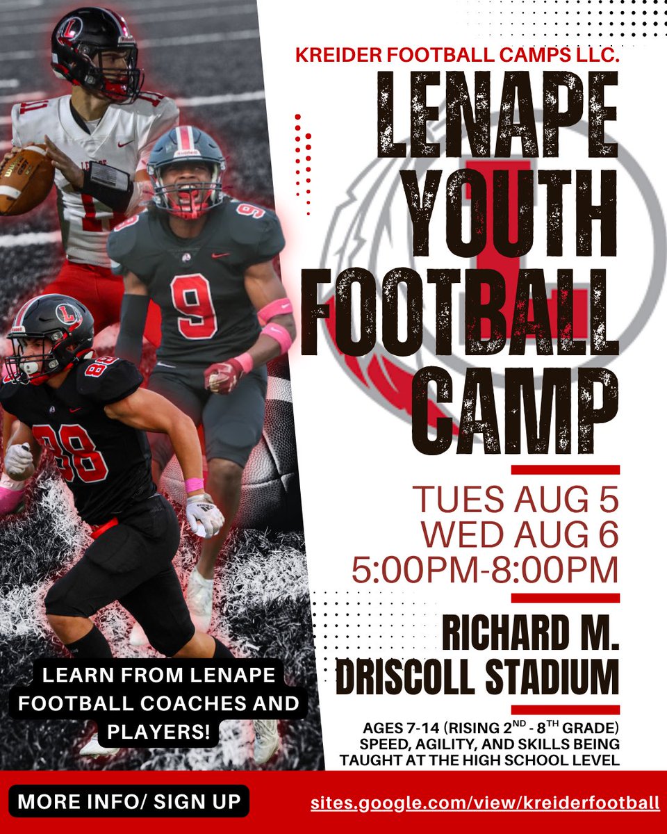 Excited to Announce our First Annual Lenape Youth Football Camp!

Tuesday August 5th
Wednesday August 6th

5pm-8pm

Driscoll Stadium (Lenape High School)

Sites.google.com/view/kreiderfo…

Presented by Kreider Football Camps LLC