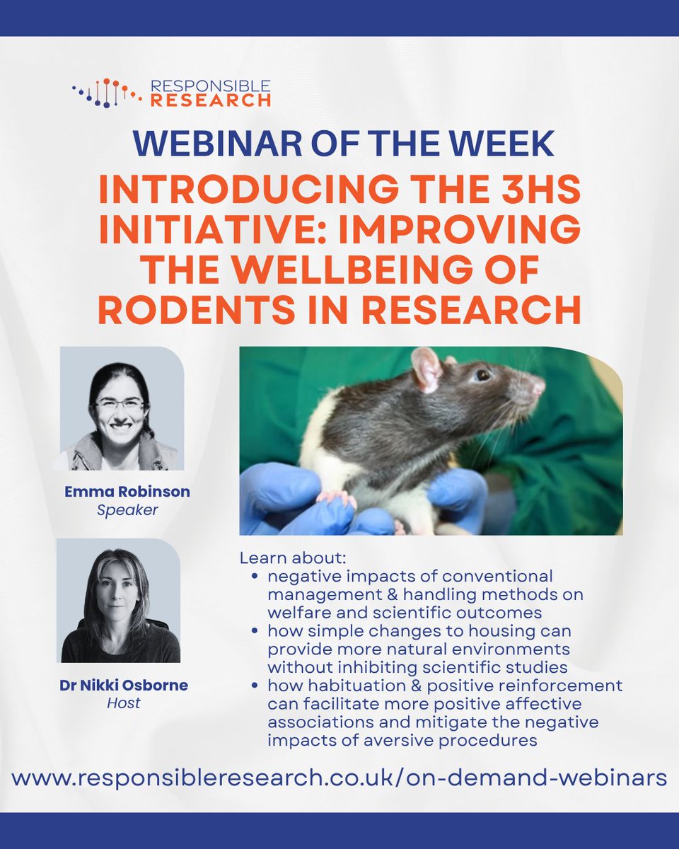 🔹 Webinar of the Week 🔹
"3Hs: Improving Rodent Welfare in Research"
Prof Emma Robinson &amp; Dr Nikki Osborne explore housing, handling &amp; habituation in lab animals.
🎥 Watch on demand:
attendee.gotowebinar.com/register/42759…
#3HsInitiative #AnimalWelfare #Refinement