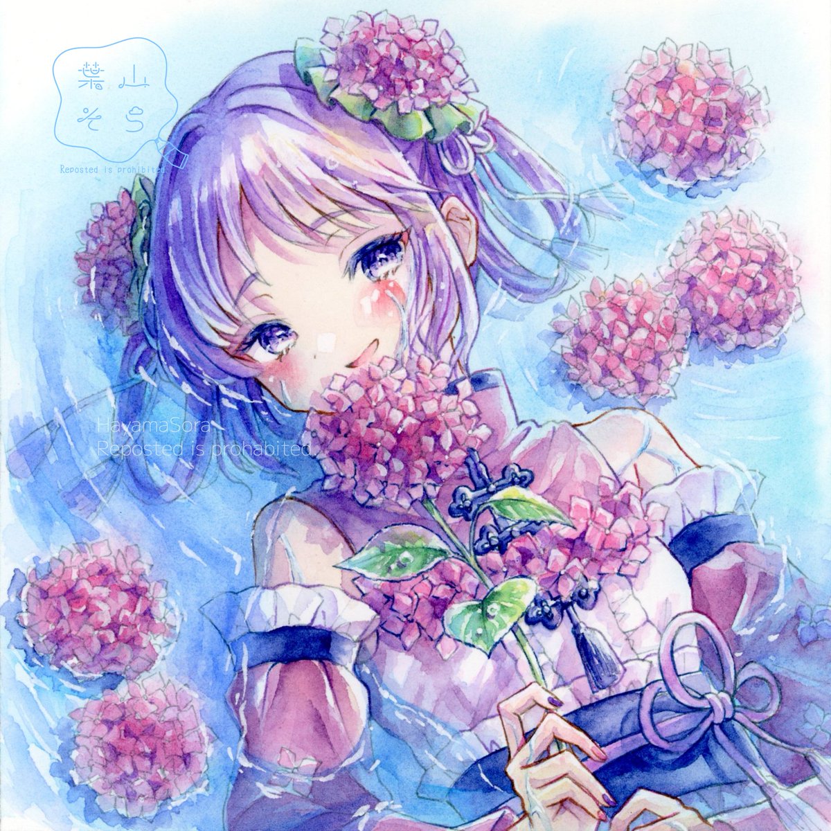 水面に双子四葩 2025年制作 #アジサイ #紫陽花の日」|葉山そら☁