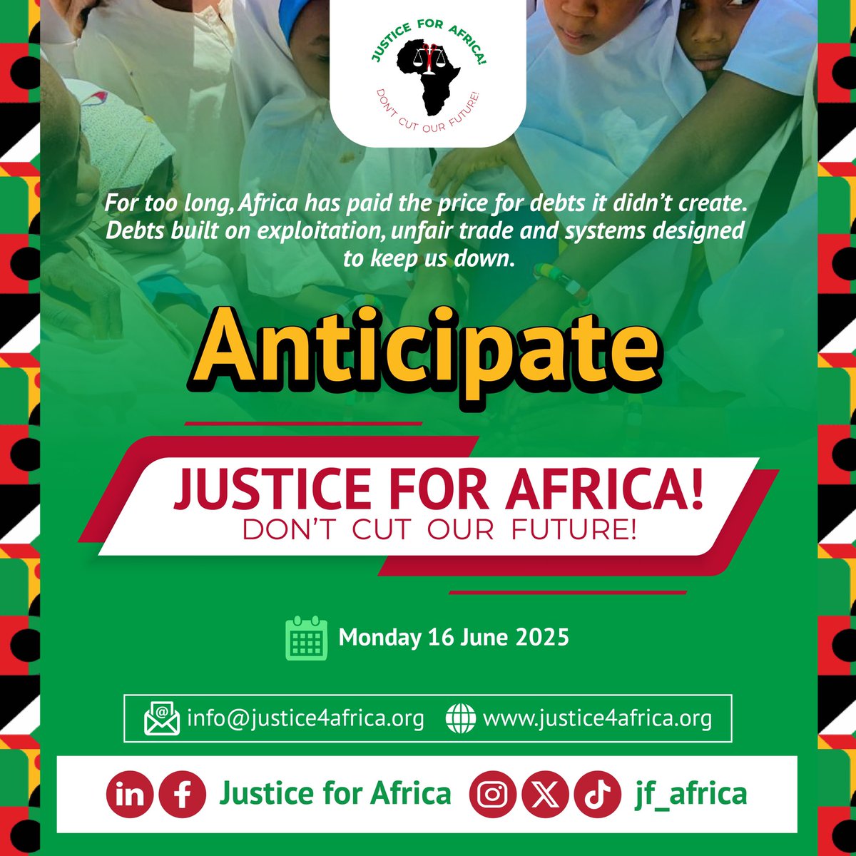 jf_africa's tweet photo. How long must Africa pay for sins it didn’t commit? 💔 Unfair debts. Exploitative systems. Enough is ENOUGH. We won’t let our future be cut short.  
✊ Justice for Africa is justice for us all.  

#DontCutOurFuture #EconomicJustice https://t.co/oYAmpASgv2
