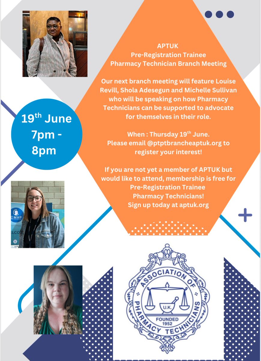emm4hall's tweet photo. 📢 Don’t miss PTPT Branch webinar (19 June, 7–8pm) with Louise Revell, Shola Adesegun &amp; Michelle Sullivan! 💬 Hear how Pharmacy Technicians can advocate for themselves. Free for Pre-Reg Trainees! 👏
🔗 https://t.co/n1mcHa5vfR https://t.co/KS2xPuy9J1