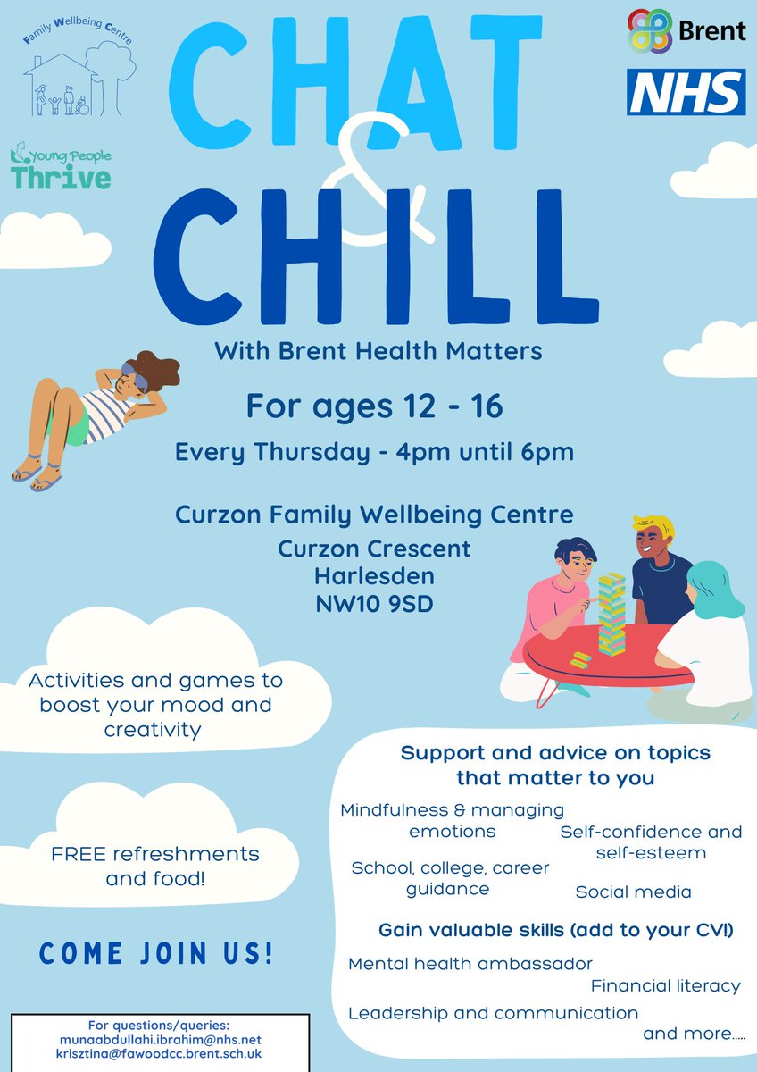 Aged between 12 and 16 years old?

Want to try something new? 🤔 

Chat &amp; Chill with Brent Health Matters is on every Thursday at Curzon Family Wellbeing Centre. 😊 

Hang out with other young people, learn new skills, and boost your mood! 💙