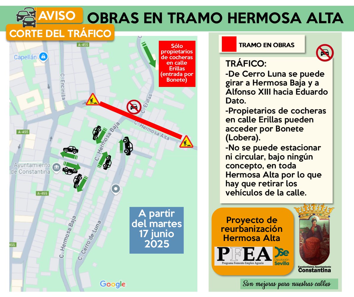 Ayuntamiento de Constantina (@aytoconstantina) on Twitter photo 🚧⛔🚗 AVISO: TRAMO EN OBRAS EN CALLE HERMOSA ALTA
Proyecto de reurbanización Hermosa Alta del PFEA <a href="/DIPUSEVI/">Diputación de Sevilla</a>.
CORTE AL TRÁFICO Y PROHIBICIÓN DE ESTACIONAMIENTO: martes 17 junio 2025 (hasta fin de obra)
Es un mensaje del Ayuntamiento de Constantina 🚧⛔🚗 AVISO: TRAMO EN OBRAS EN CALLE HERMOSA ALTA
Proyecto de reurbanización Hermosa Alta del PFEA <a href="/DIPUSEVI/">Diputación de Sevilla</a>.
CORTE AL TRÁFICO Y PROHIBICIÓN DE ESTACIONAMIENTO: martes 17 junio 2025 (hasta fin de obra)
Es un mensaje del Ayuntamiento de Constantina