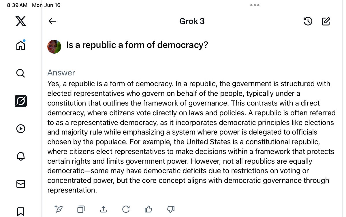 Polimom's tweet image. Yes, we are a republic.    Also yes, we are a democracy.

A republic IS a form of democracy.  

I'm so tired of having to tell people this, I decided to get Grok to give me something I could screenshot.

#democracy #republic #NHPolitics #Liberalism #liberalvalues